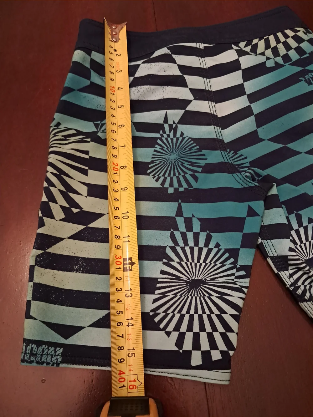 Volcom Men’s Teal and Black Geometric Stripe Board Shorts